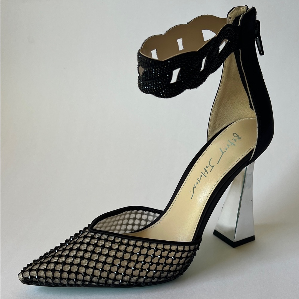Betsey Johnson Black Mesh Pointed Toe Ankle-Strap & Silver Block Heel 7.5
